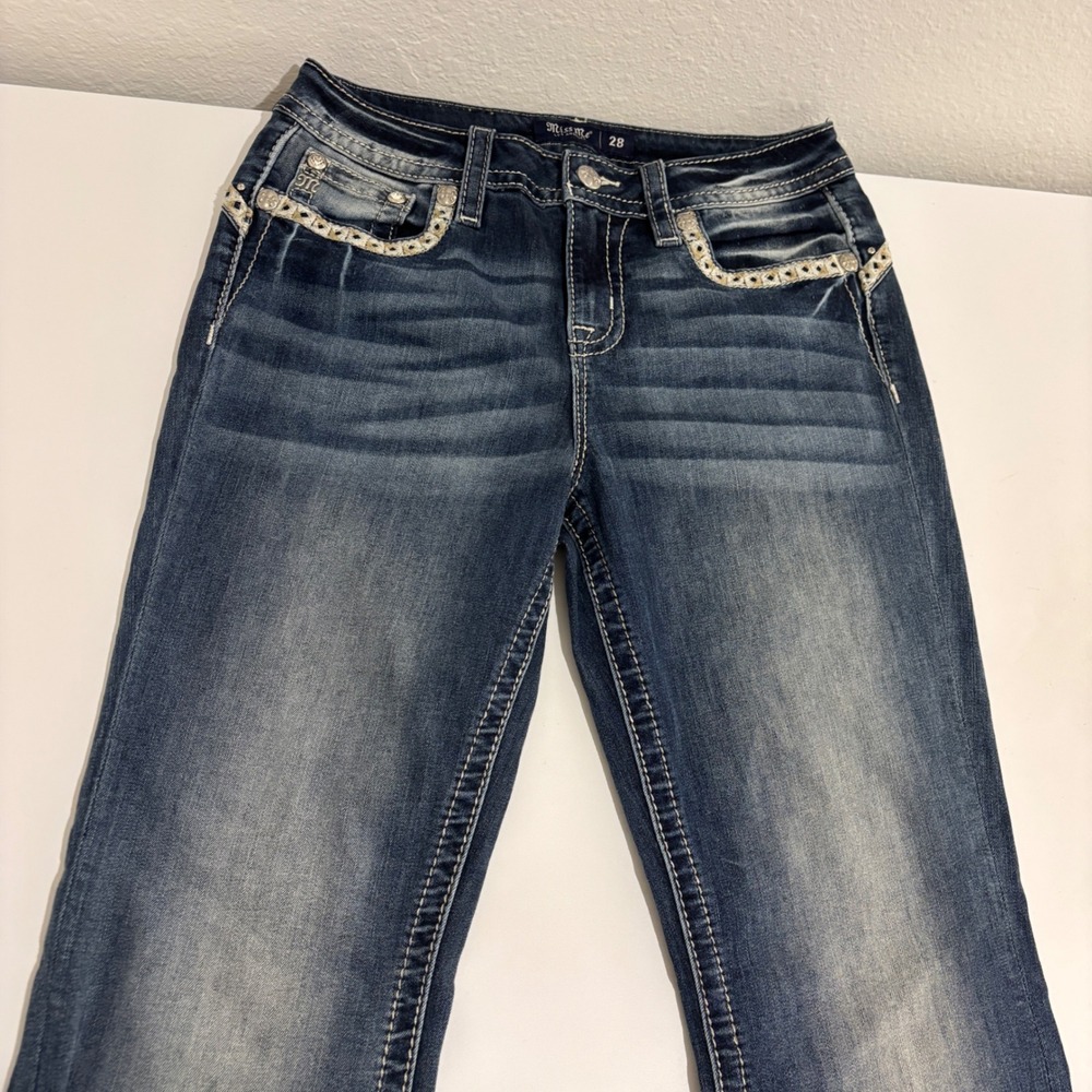 Miss Me Curvy Boot Jeans Womens 28 Blue Mid Rise Embellished Rhinestone Pockets - Picture 12 of 16